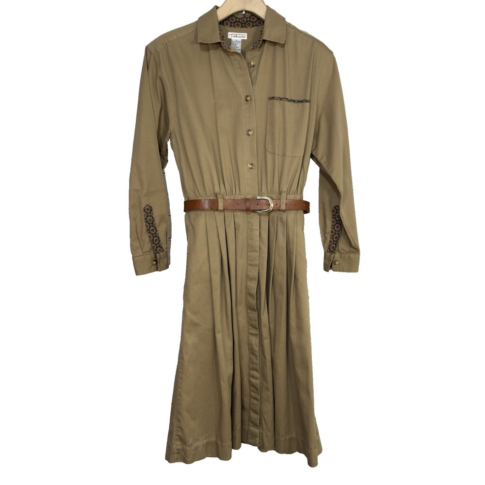 Vintage Talbots Shirt Dress Women 8 Beige Maxi Paisley Trim Canvas Safari Belted